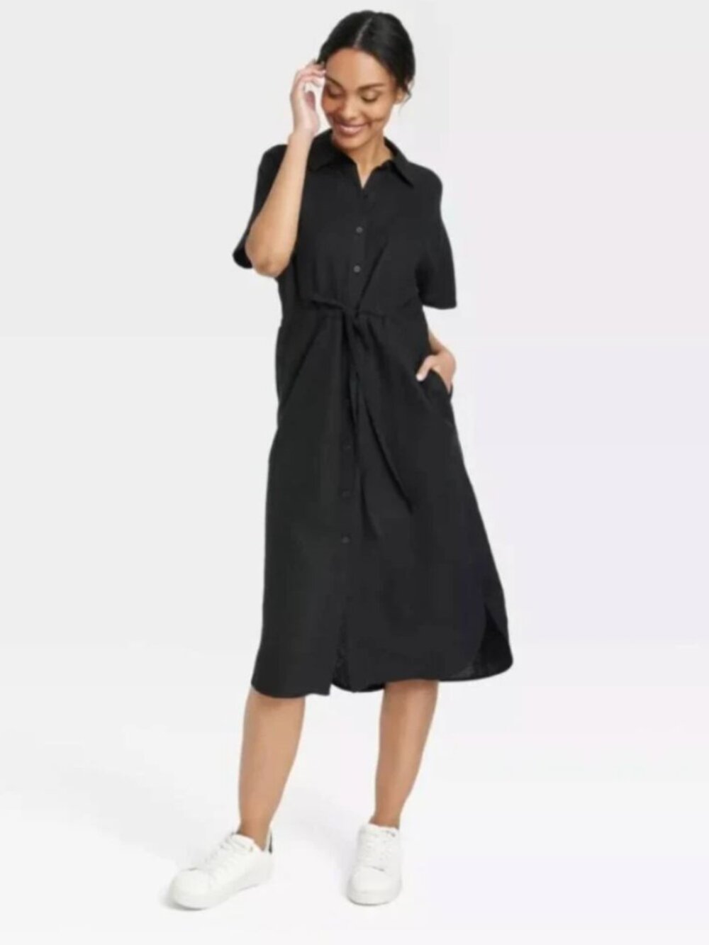 A New Day Linen Blend Button Front Midi Shirt Dress Large